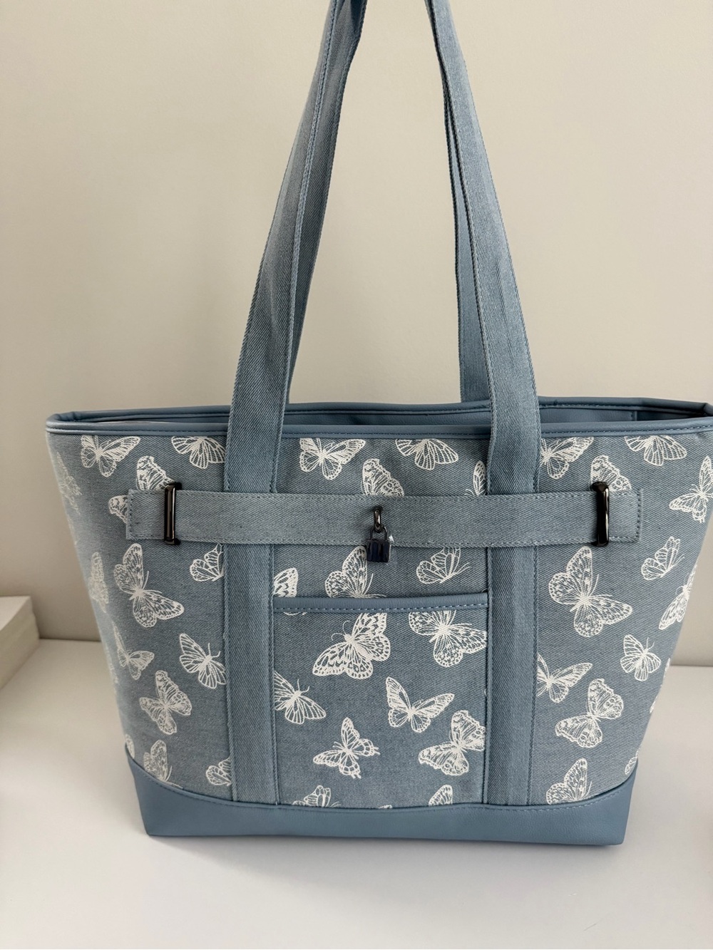 Blue Butterfly Print Tote Bag - Casual Everyday Carry